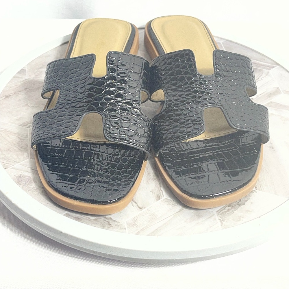 Black Croc-Embossed Slide Sandals for Women